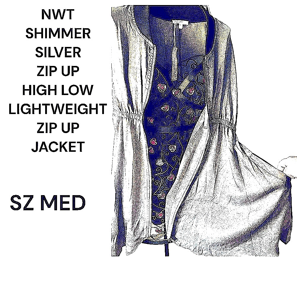 NWT SILVER SHIMMER LIGHTWEIGHT JACKET GATHERED WAIST SZ MED, HIGH/LOW, ZIP UP
